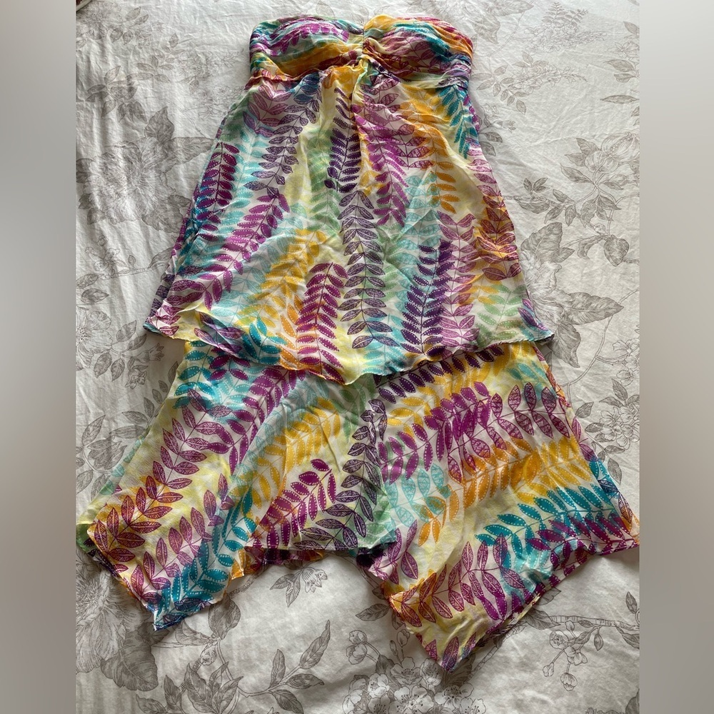Vintage Strapless Midi Dress in Purple, Teal, Yellow
